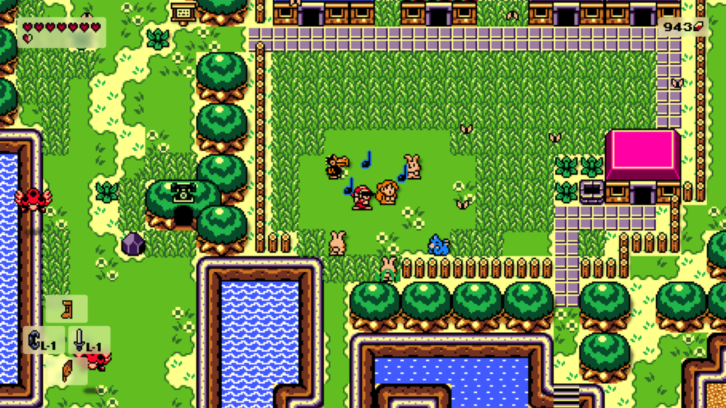 A screenshot from The Legend of Zelda: Link's Awakening, showing Link and other NPCs playing music in a town.