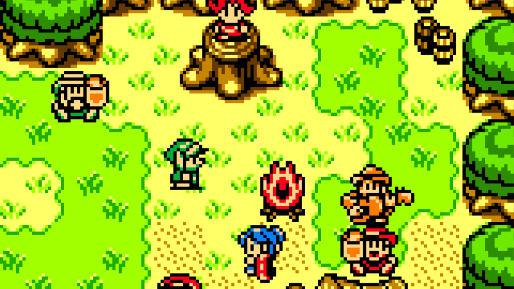 A screenshot from The Legend of Zelda: Oracle of Seasons, showing Link in the middle of a gathering of NPCs.