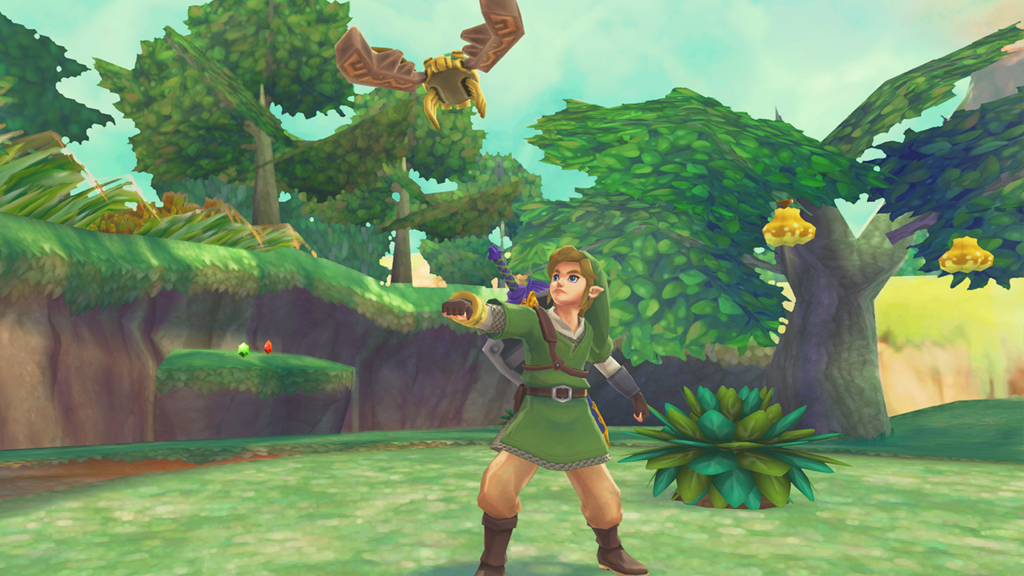 A screenshot of Link summoning his bird in The Legend of Zelda: Skyward Sword.