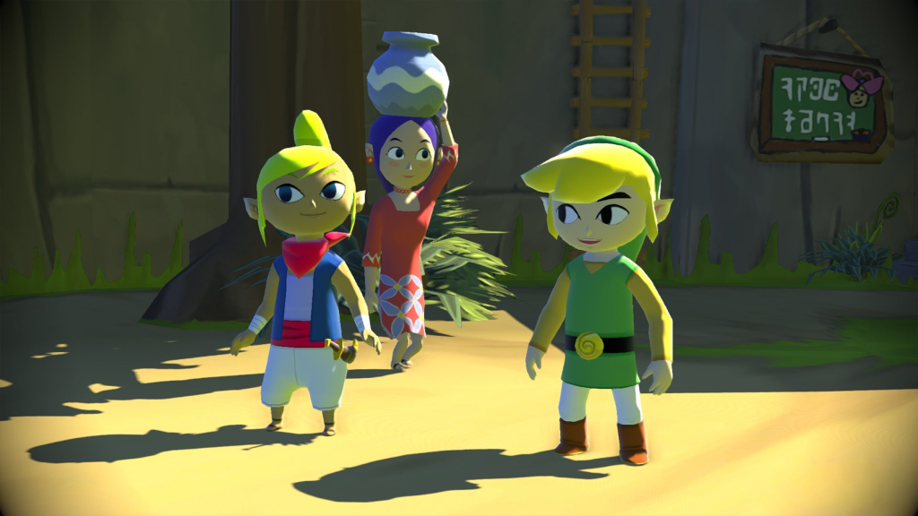 A screenshot from The Legend of Zelda: The Wind Waker, showing Link and his friends standing around.