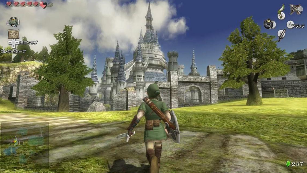 A screenshot from The Legend of Zelda: Twilight Princess, showing Link approaching the castle.