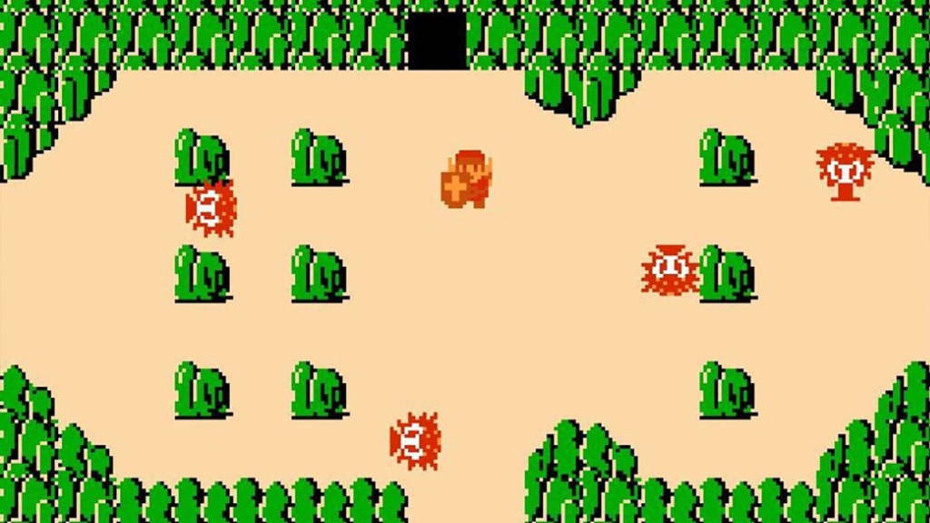 A screenshot from The Legend of Zelda, showing Link among four red enemies on the map.