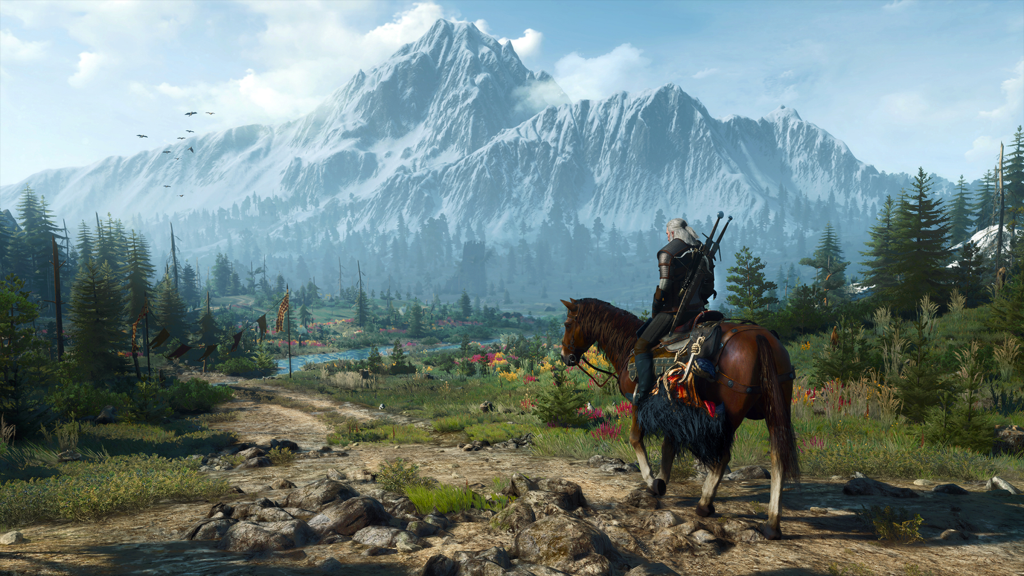 A screenshot from The Witcher 3: Wild Hunt, showing Geralt of Rivea on horseback looking at a mountain.