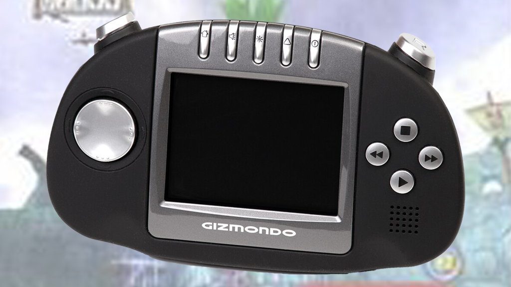 The Tiger Gizmondo over a screenshot from one of its games.