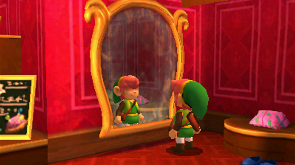 A screenshot from The Legend of Zelda: Tri-Force Heroes, showing Link looking at himself in a mirror.
