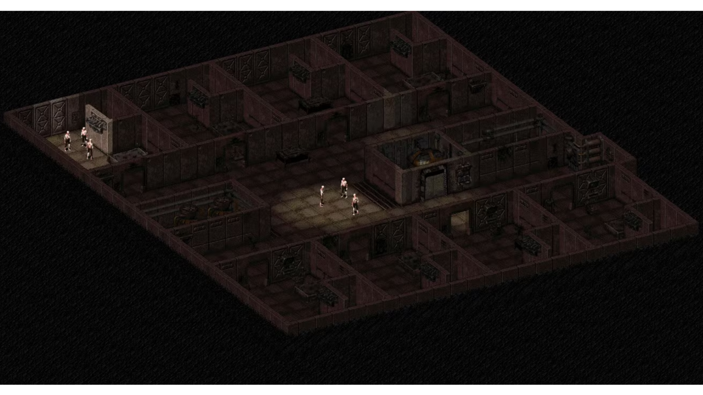 A screenshot from Fallout, showing Vault 12 with six denizens inside.