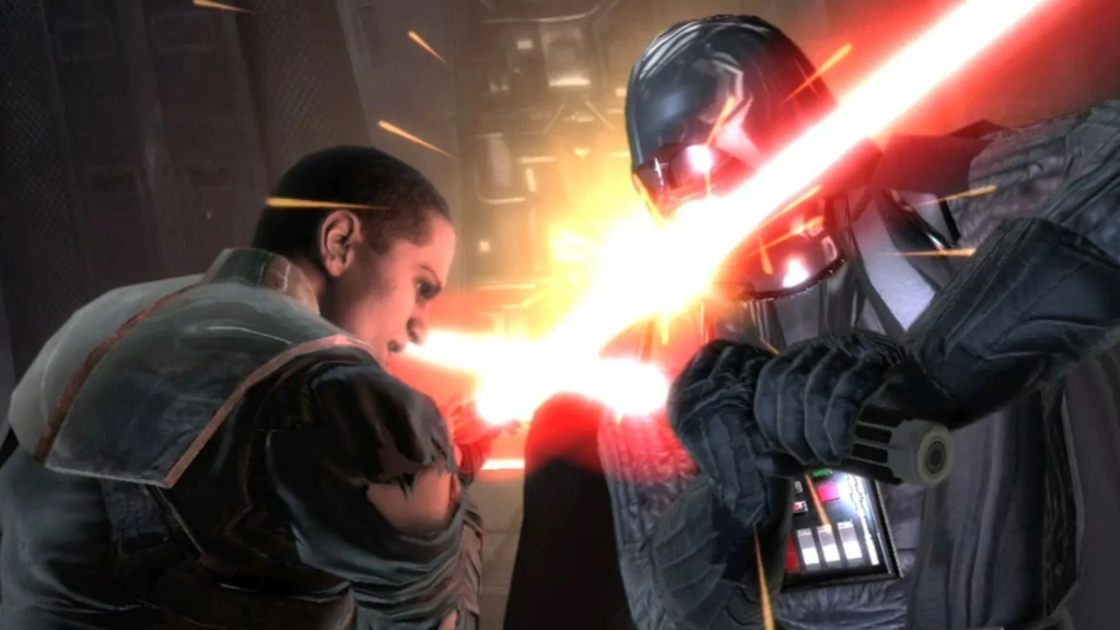 Starkiller and Darth Vader fighting in Star Wars: The Force Unleashed
