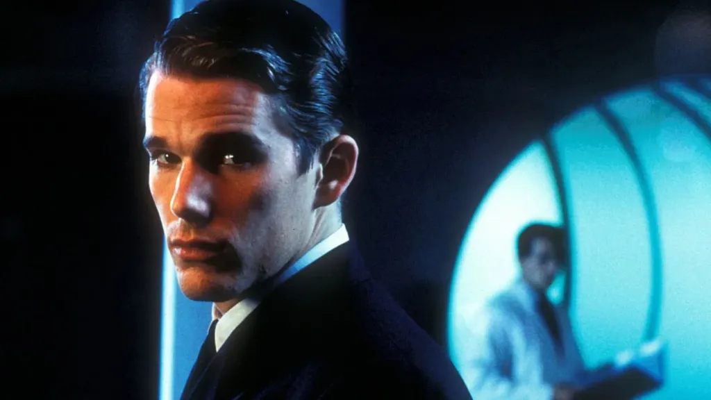 Ethan Hawke looking stern in Gattaca.