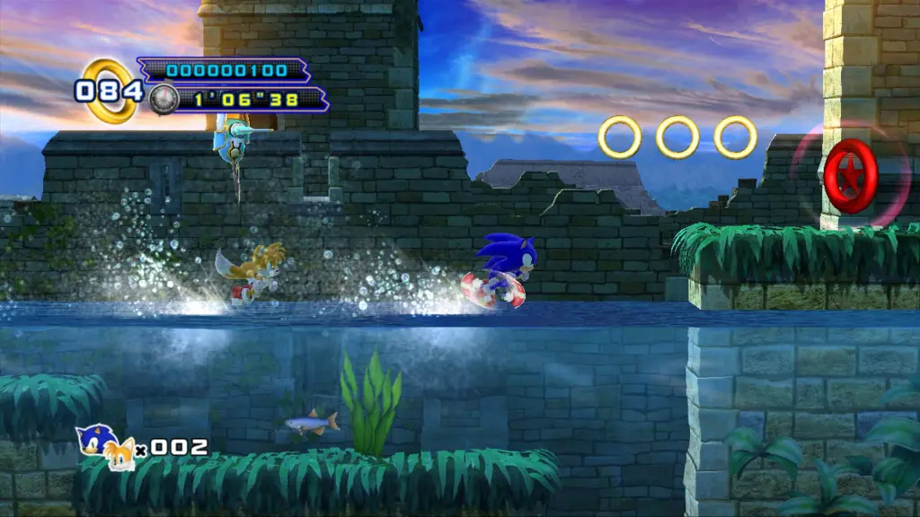 A screenshot from Sonic the Hedgehog 4: Episode II, showing Sonic and Tails running on the water.