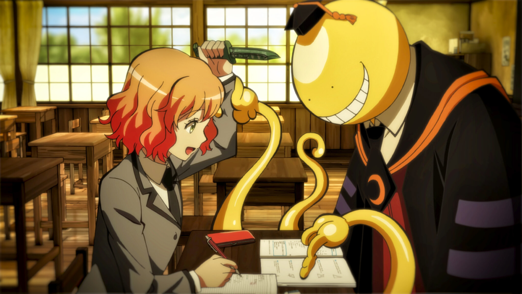 Koro-sensei leaning over a student's desk in Assassination Classroom