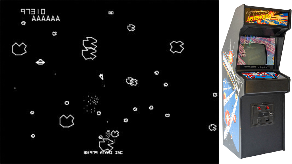 A screenshot from Asteroids beside the arcade cabinet.
