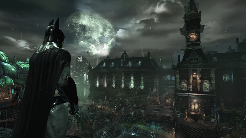 A screenshot from Batman: Arkham Asylum, showing Batman looking upon a building.