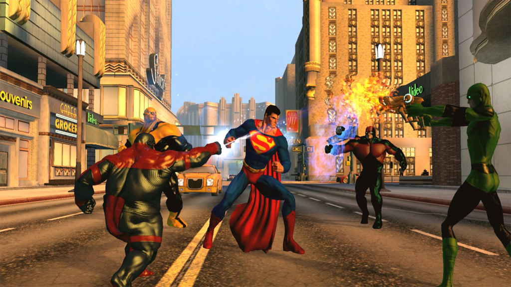 A screenshot from DC Universe Online, showing Superman fighting various villains in the street.
