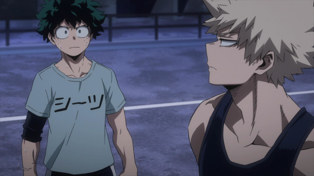 Deku and Bakugo confronting one another in My Hero Academia