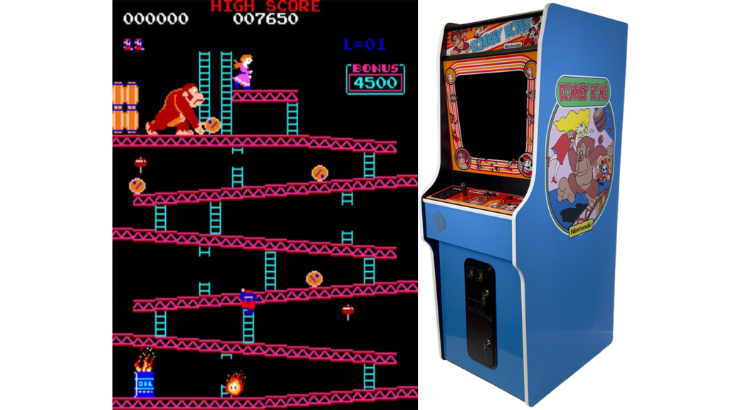 A screenshot of Donkey Kong beside the arcade cabinet.