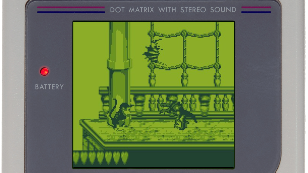 A screenshot from Donkey Kong Land, showing Diddy Kong on a platform.