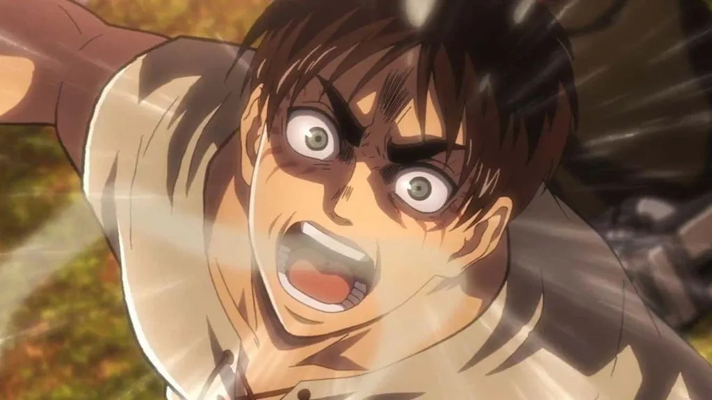 Eren screaming with steam coming off him in Attack on Titan