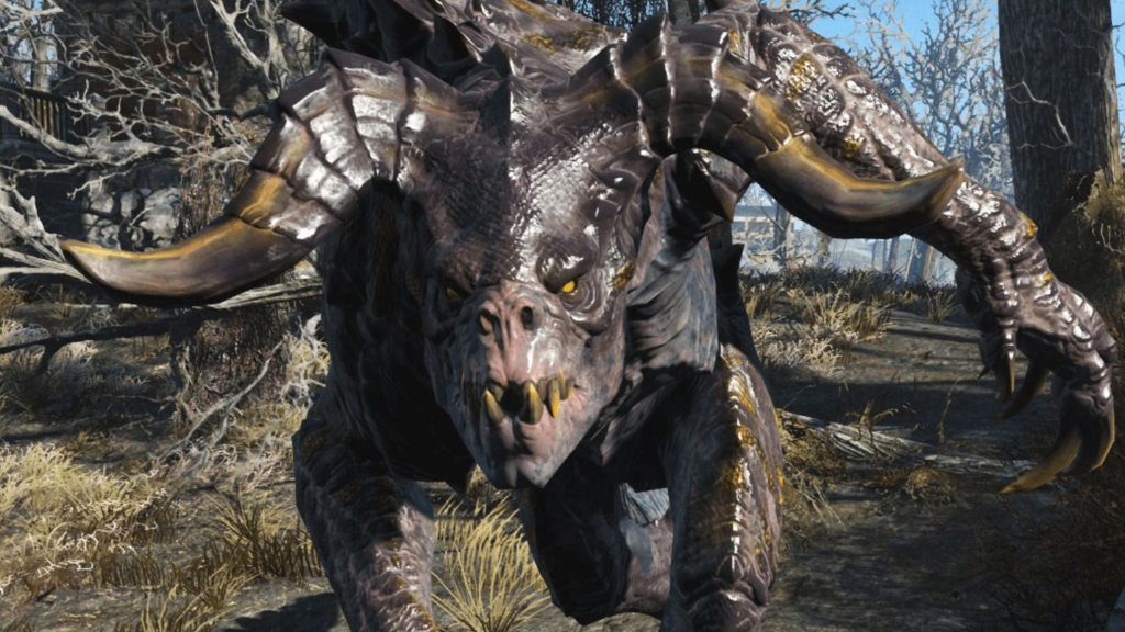 A Deathclaw approaching in Fallout 4.