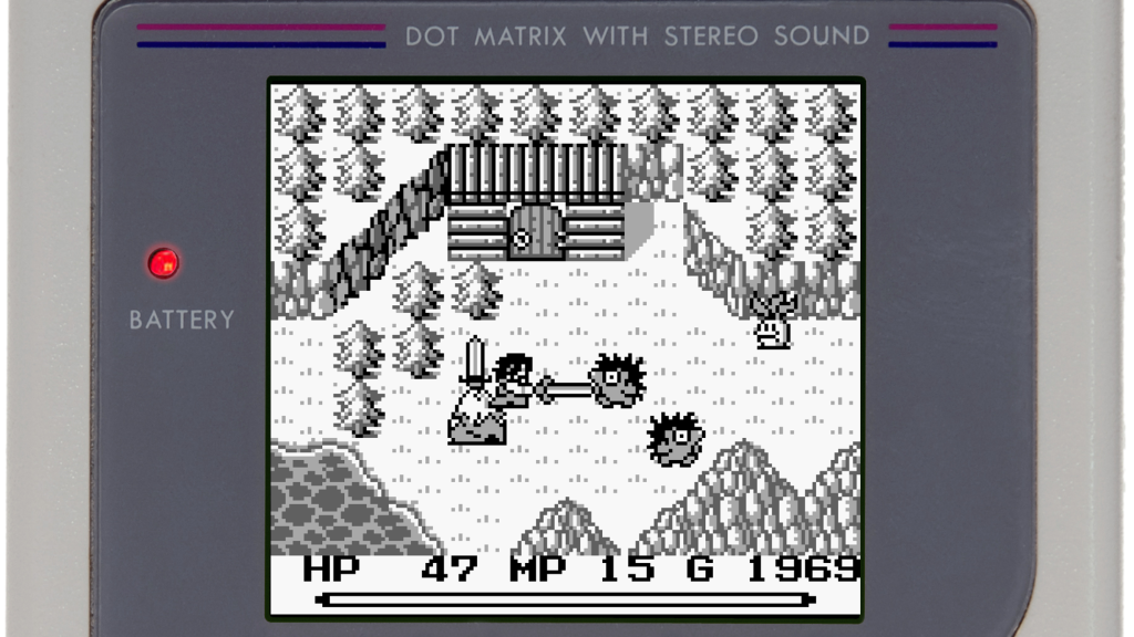A screenshot from Final Fantasy Adventure, showing the player fighting two mobs.