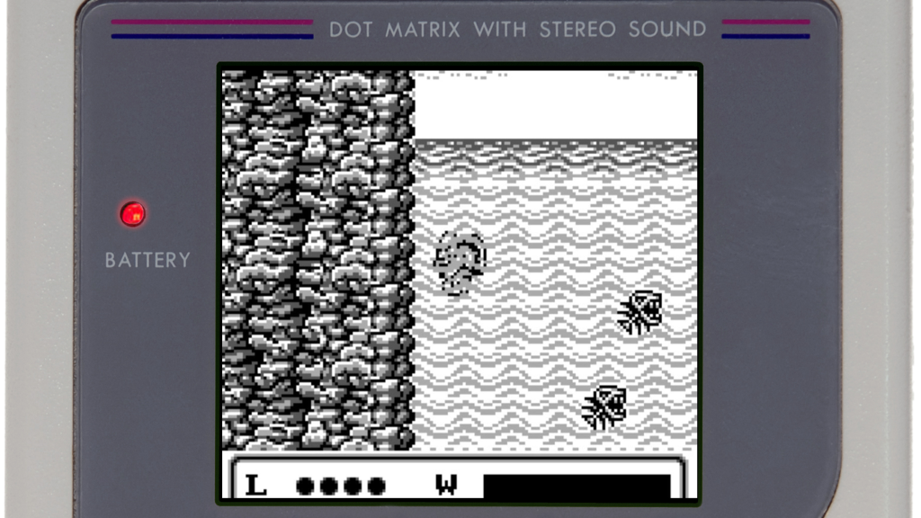 A screenshot from Gargoyle's Quest, showing the player character in a waterfall.