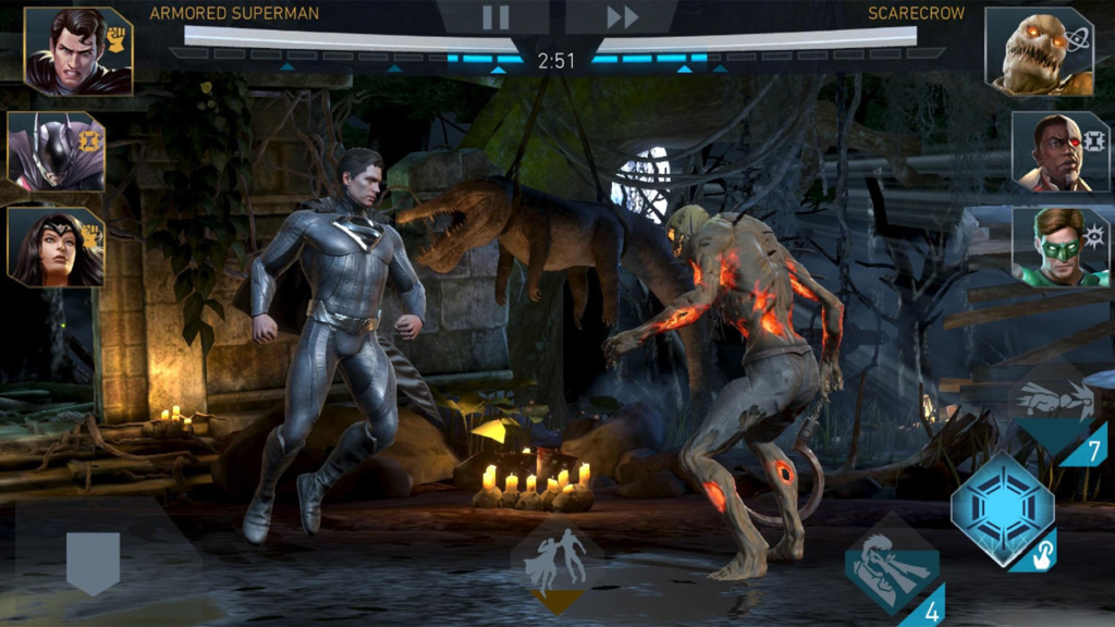A screenshot from Injustice 2, showing Superman fighting Scarecrow.