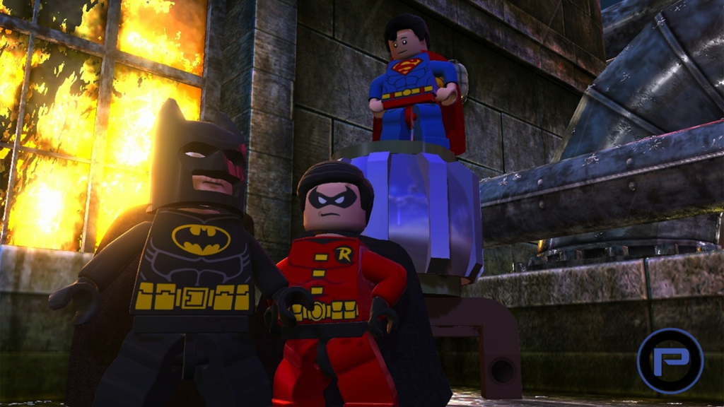 A screenshot from LEGO Batman 2: DC Super Heroes, showing Superman, Batman, and Robin.