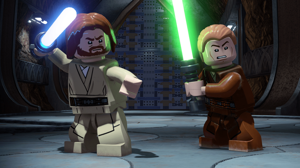 A screenshot from LEGO Star Wars: The Skywalker Saga, showing Obi-Wan Kenobi and Anakin Skywalker wielding their lightsabers.