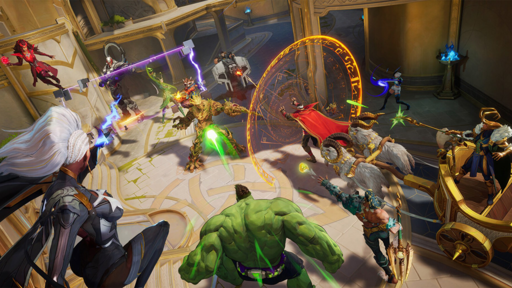 A screenshot from Marvel Rivals, showing multiple characters engaged in a fight.