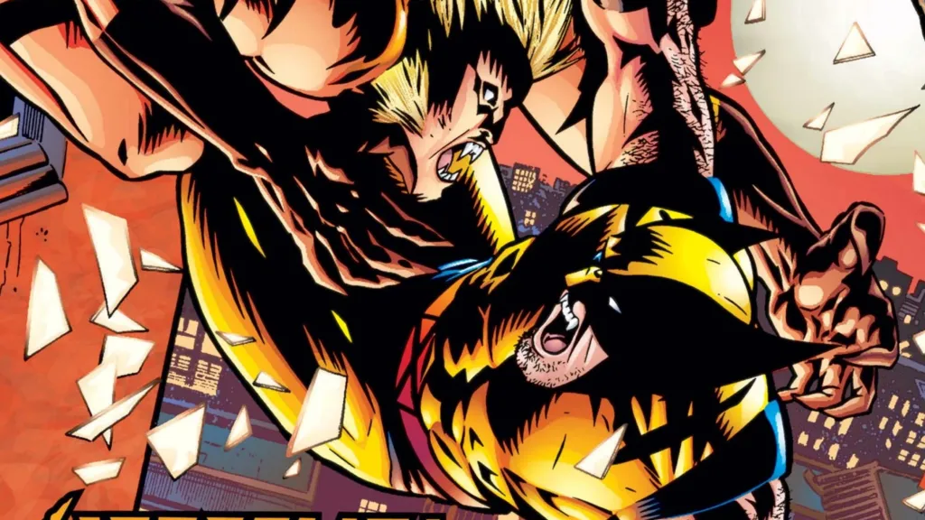 Sabretooth jumping out a window to attack Wolverine