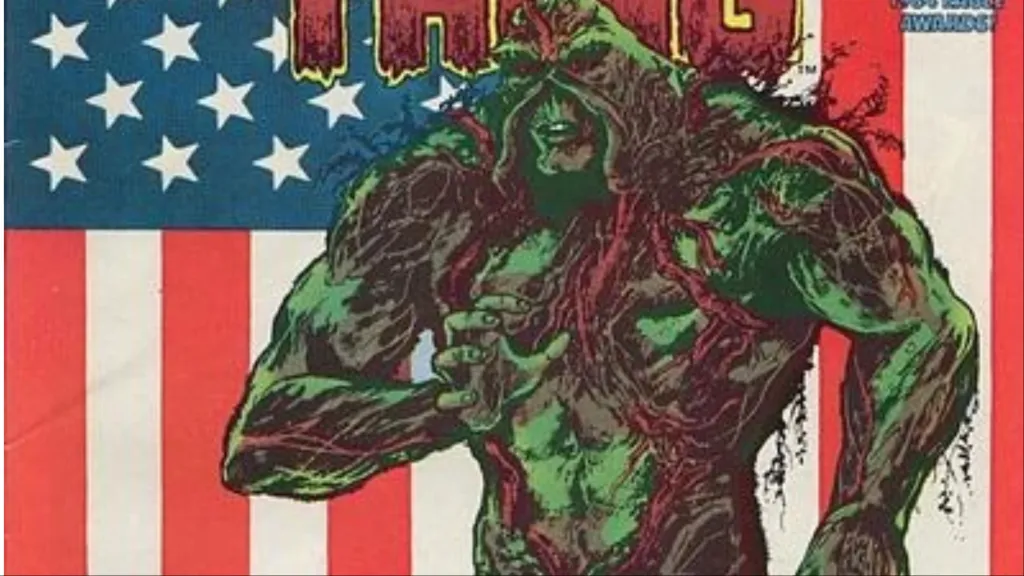 Swamp Thing in front of the American flag