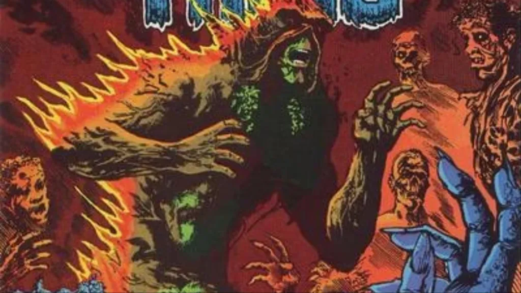 Swamp Thing on fire surrounded by zombies