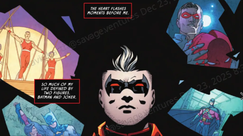 Jason Todd thinking about his past, with his pre-Crisis origin, when Batman found him, him in the Red Robin costume, and him as the Red Hood