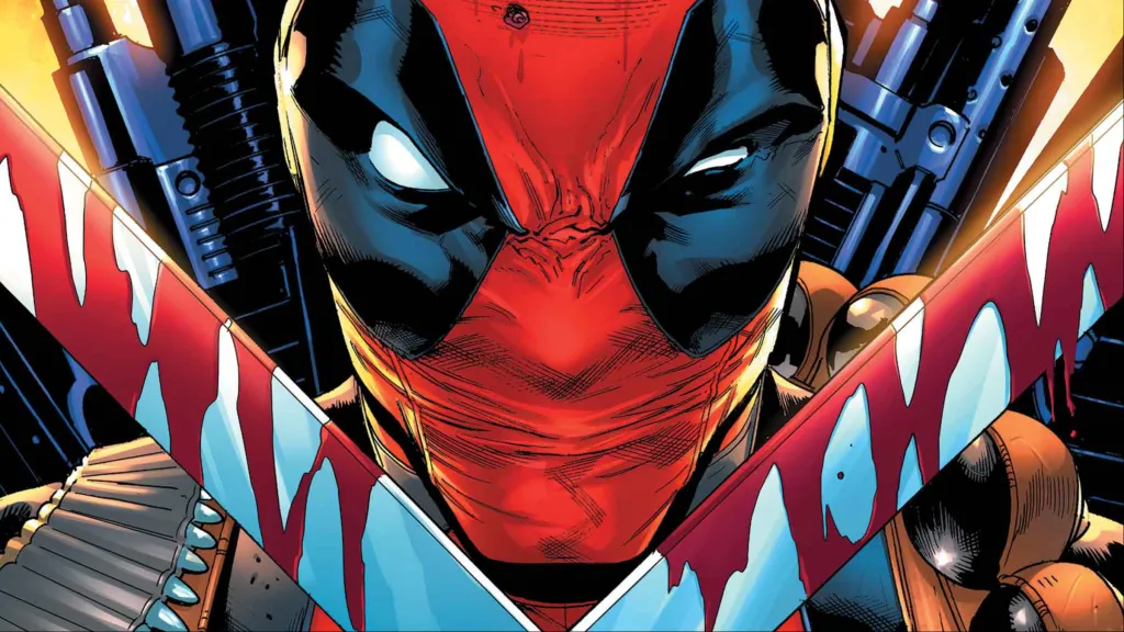 Deadpool holding bloody swords