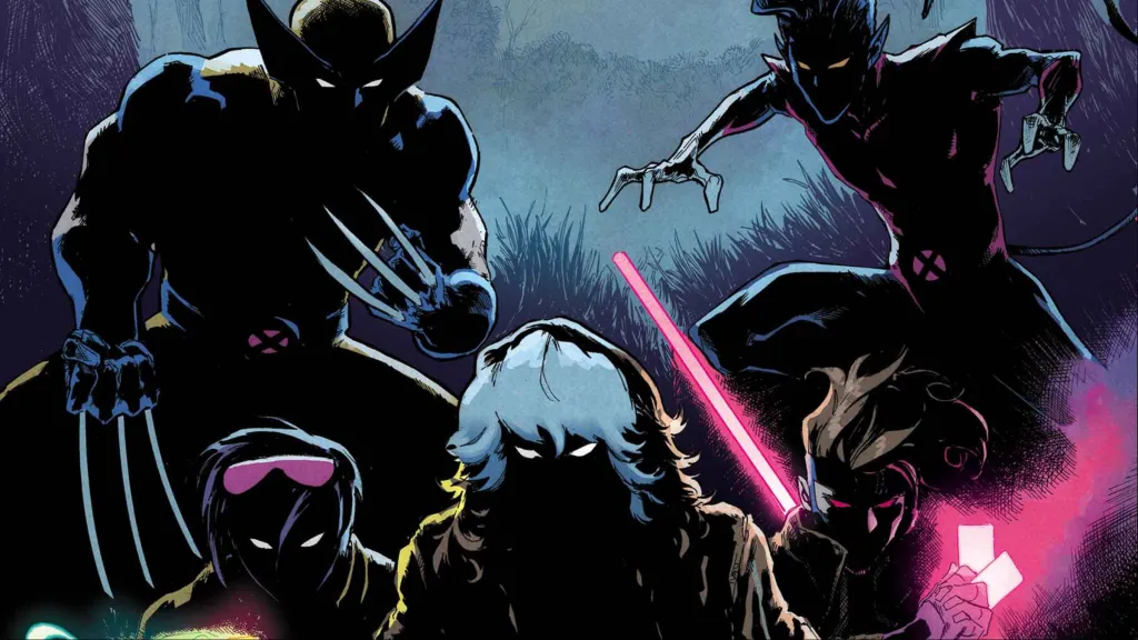 Wolverine, Nightcrawler, Gambit, Rogue, and Jubilee in shadow