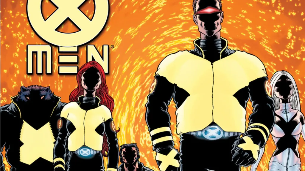 Beast, Jean Grey, Wolverine, Cyclops, and Emma Frost walking together