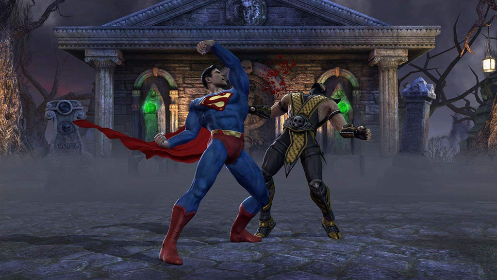 A screenshot from Mortal Kombat vs. DC Universe, showing Superman fighting Scorpion.