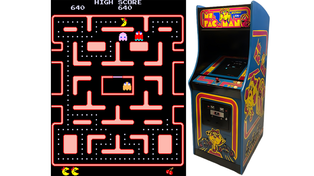 A screenshot of Ms. Pac-Man beside the arcade cabinet.