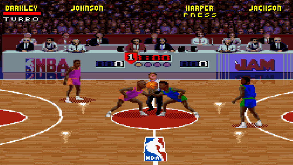 A screenshot from NBA Jam, showing a tipoff about to happen.