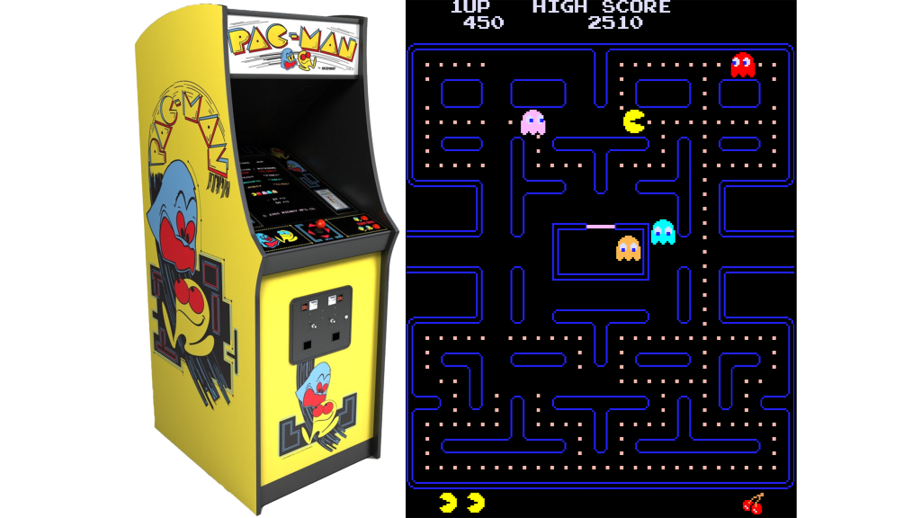 A screenshot from Pac-Man beside the arcade cabinet.