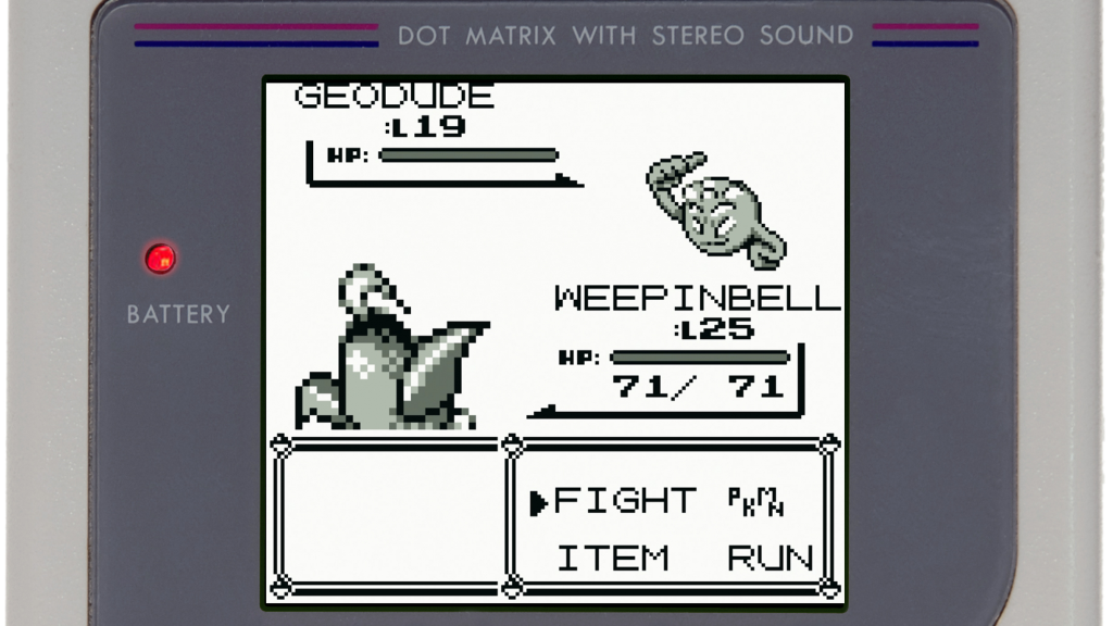 A screenshot from Pokémon Red/Blue/Yellow, showing a battle between a Geodude and a Weepinbell.
