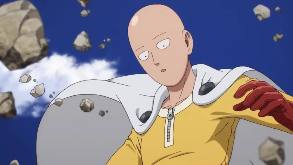Saitama looking down at something surprised in One-Punch Man