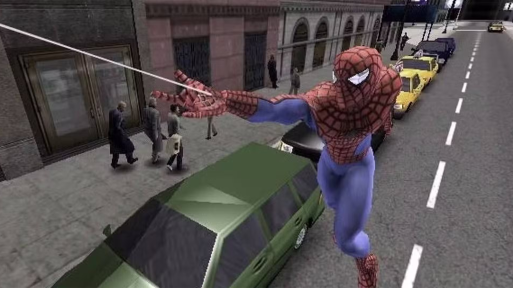 A screenshot from Spider-Man 2 (2004), showing Spider-Man web-slinging from the street.