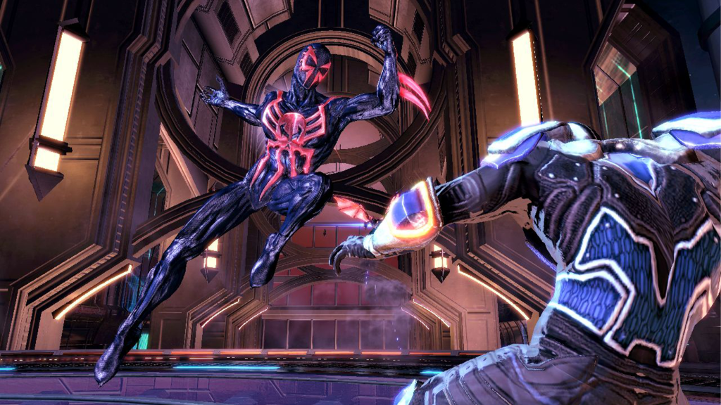 A screenshot from Spider-Man: Shattered Dimensions, showing Spider-Man 2099 fighting against an enemy.
