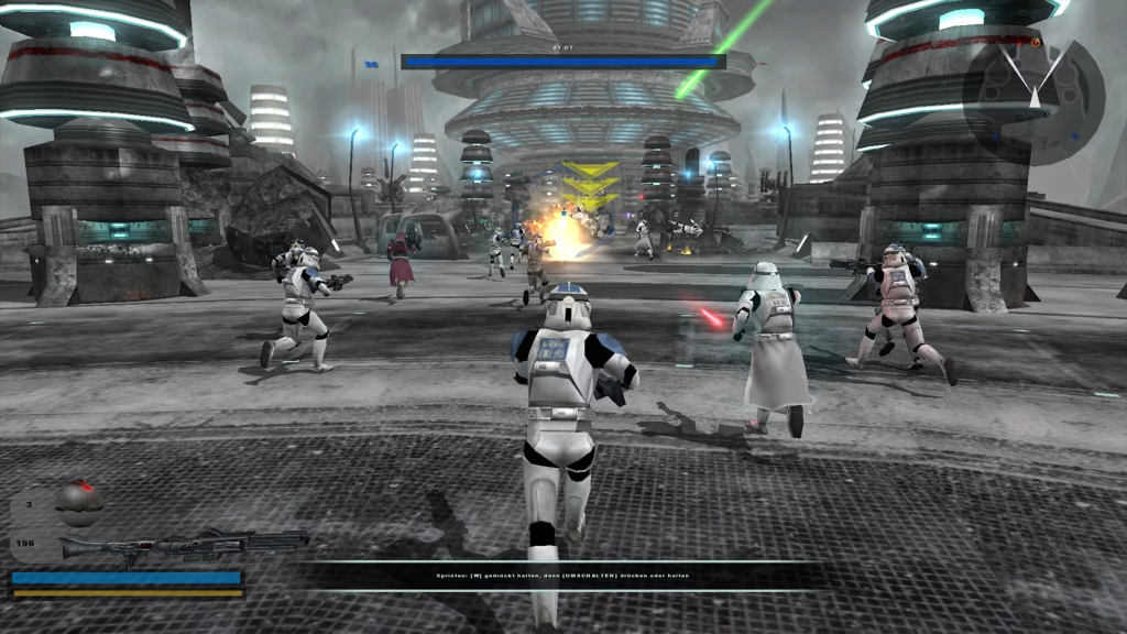 A screenshot from Star Wars: Battlefront II (2005), showing a player-controlled Stormtrooper entering combat.