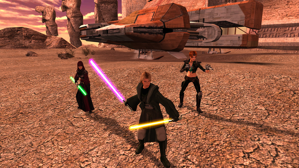 A screenshot from Star Wars Knights of the Old Republic II: The Sith Lords, showing several characters before a spacecraft.