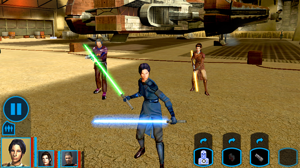 A screenshot from Star Wars: Knights of The Old Republic, showing three characters wielding lightsabers.