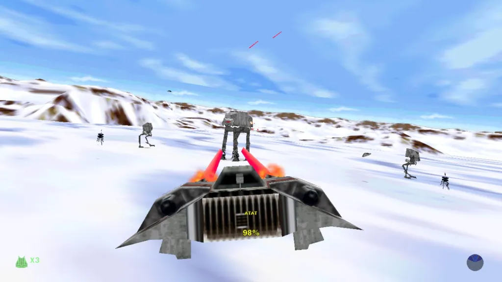 A screenshot from Star Wars: Shadows of the Empire, showing a snow speeder in combat against AT-ATs on Hoth.