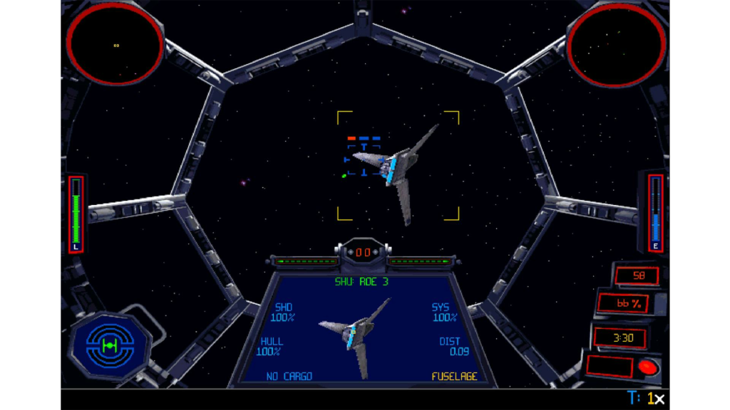 A screenshot from Star Wars: TIE Fighter showing a TIE fighter in combat.