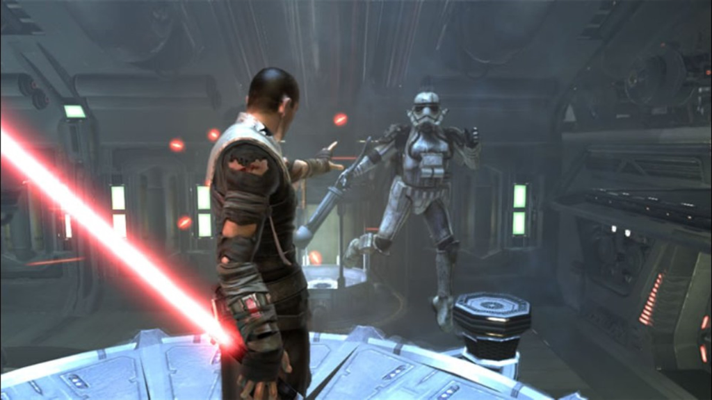 A screenshot from Star Wars: The Force Unleashed, showing Galen Marek Force-lifting a Stormtrooper.