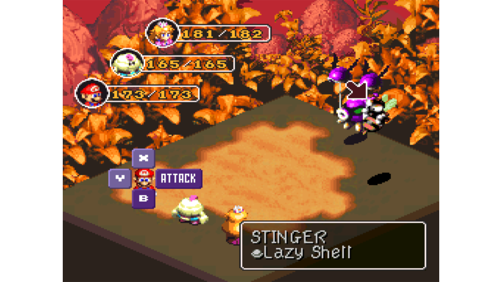 A screenshot from Super Mario RPG: Legend of the Seven Stars, showing battle against two mobs.